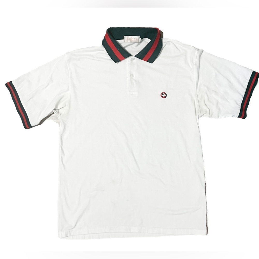 Authentic GUCCI Polo Shirt White With Red/Green Accents Size Standard XL